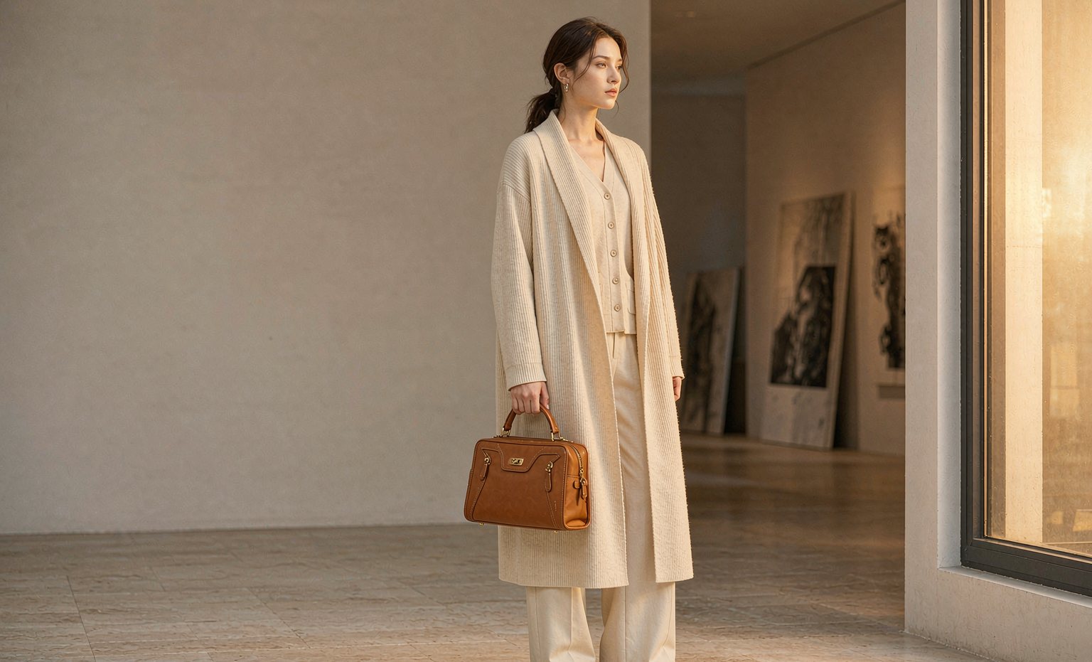 Woman in a cream cashmere coat carrying a caramel leather AVELINE handbag