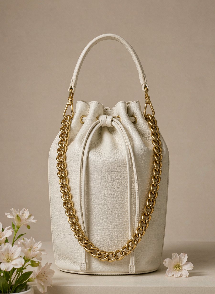 The Belle Bucket bag in ivory pebbled leather with gold chain
