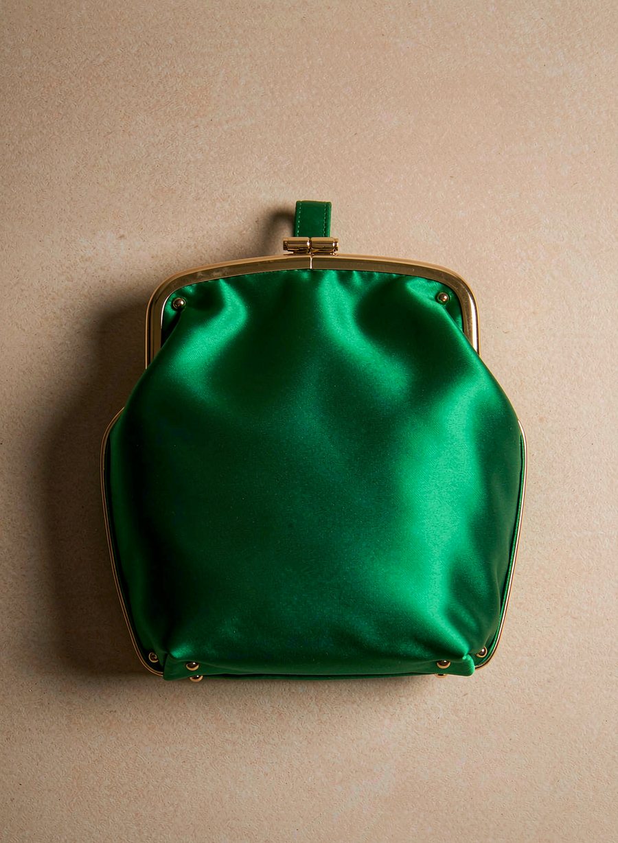 Emerald satin evening clutch with gold frame